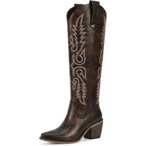 Women's Chocolate Faux Leather Pointed Toe Fashion Cowboy Boots Side Zipper